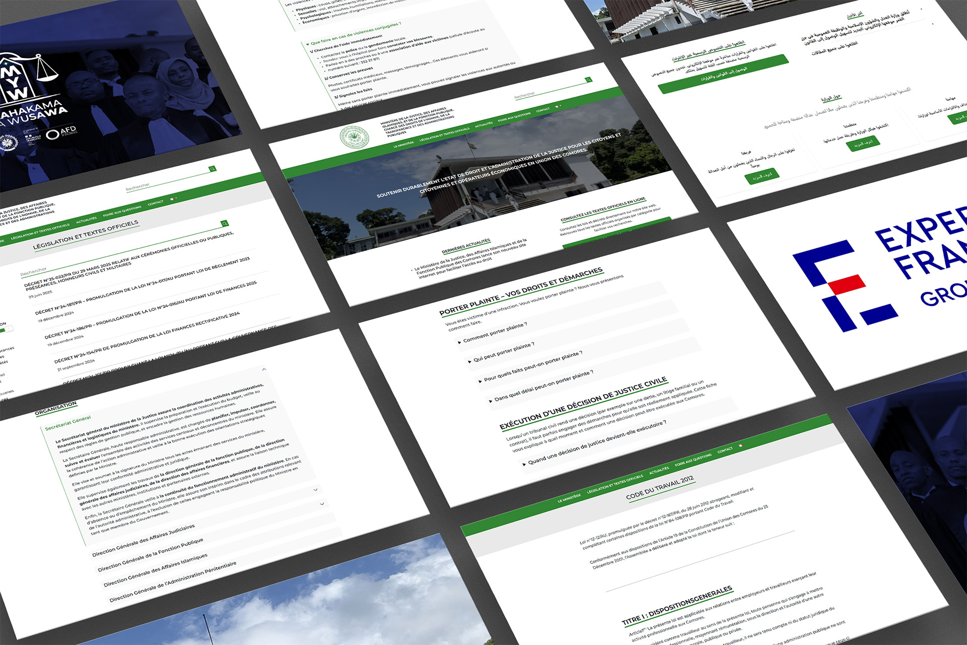 Écrans du site du Ministère de la Justice des Comores